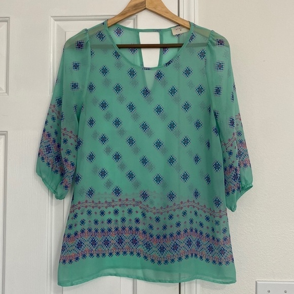 Everly boho sheer blouse in soft turquoise. - Picture 1 of 14